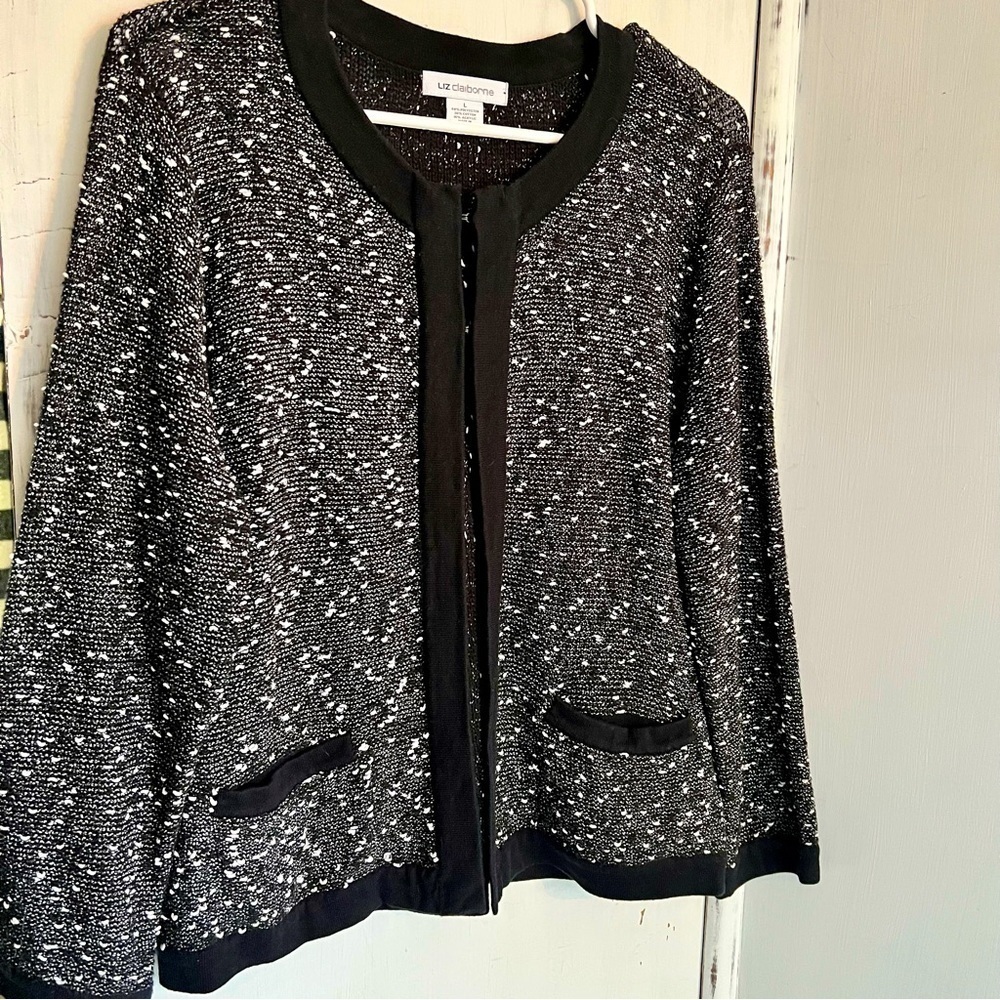 LIZ Claiborne Marled Open Front Cardigan Sweater Black White Grey Pockets L - Picture 4 of 12